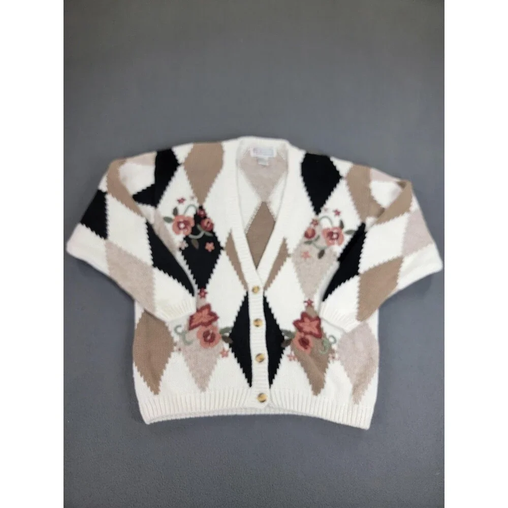 Vintage Milano Design Group Sweater Womens Large Argyle Floral Knit Pullover 90s